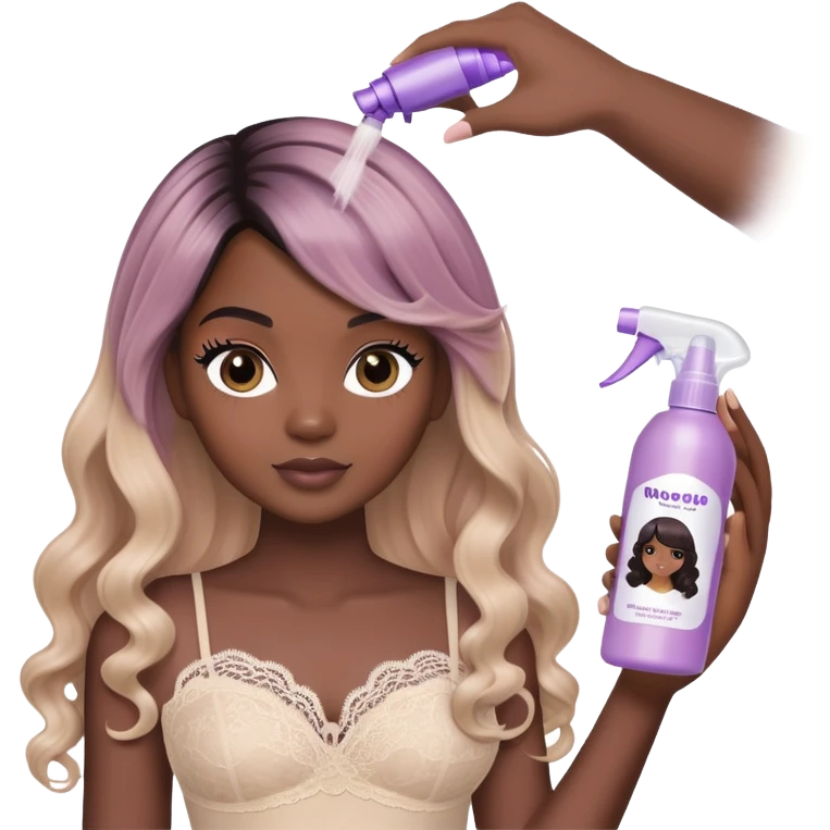  “Lace Melt Check” Emoji Icon  A dark-skinned hand holding a lace melt spray bottle next to a glueless HD wig with melted baby hairs. Mauve and champagne beige color tones. emoji