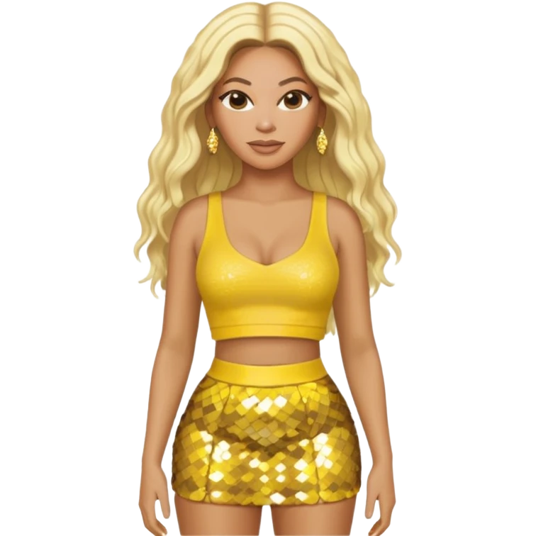 Beyonce with long platinum blonde hair, yellow sequin crop top and skirt emoji