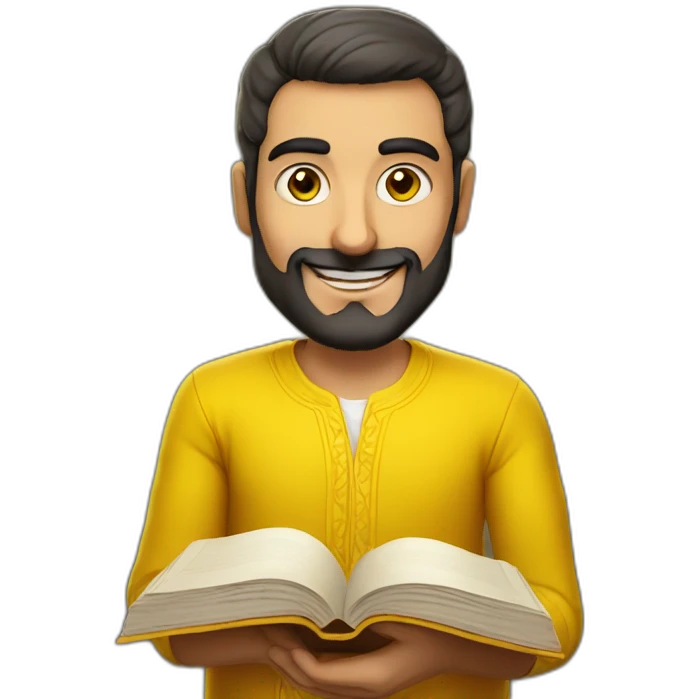 Armenian men with the yellow clothes reading book and looking at camera and smiling  emoji