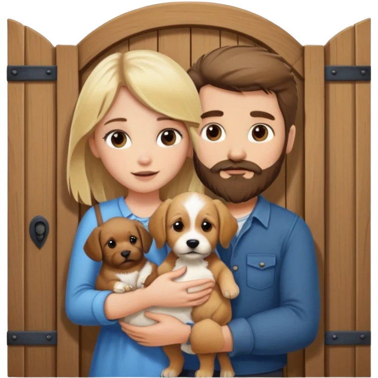 Blond girl with brown haired bearded man holding puppy with a door behind them emoji