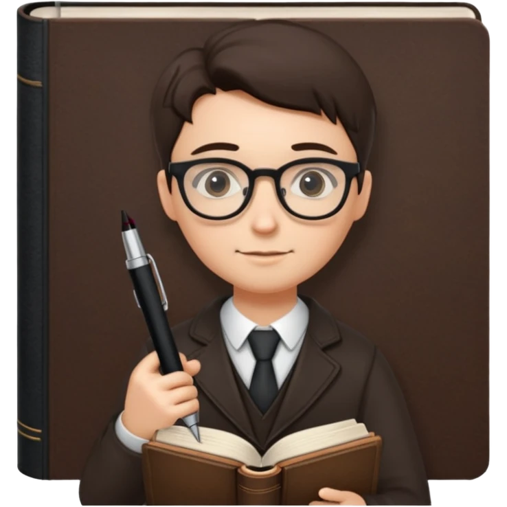 writer holding big pen and book, wearing glasses , zoom out emoji
