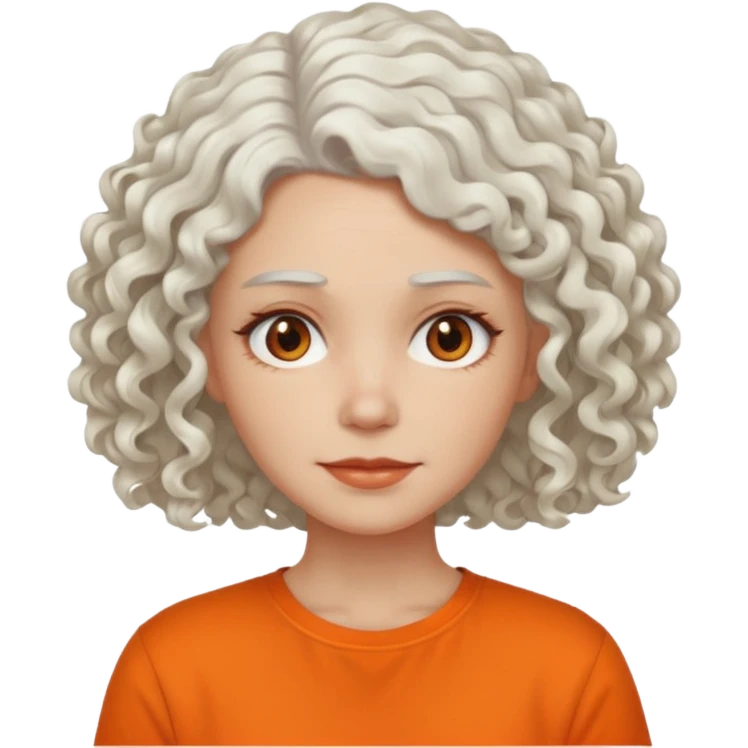 curly white  hair woman in orange shirt no smile emoji