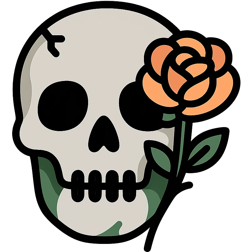 A light grey, slightly eerie skull with soft, rounded features and a haunting aura. One of its hollow eye sockets holds a delicate rose, its petals in shades of peach (FFCC9A) and soft orange (FA9B41), contrasting beautifully against the grey skull. The skull’s surface is textured with subtle hints of muted taupe brown (96775A) and deep forest green (4A7C5C), giving it a weathered, mystical look. The background is dark and atmospheric, with soft lighting highlighting the contrast between the cold, light grey of the skull and the warmth of the rose. The scene feels both macabre and elegant, with a touch of gothic beauty emoji