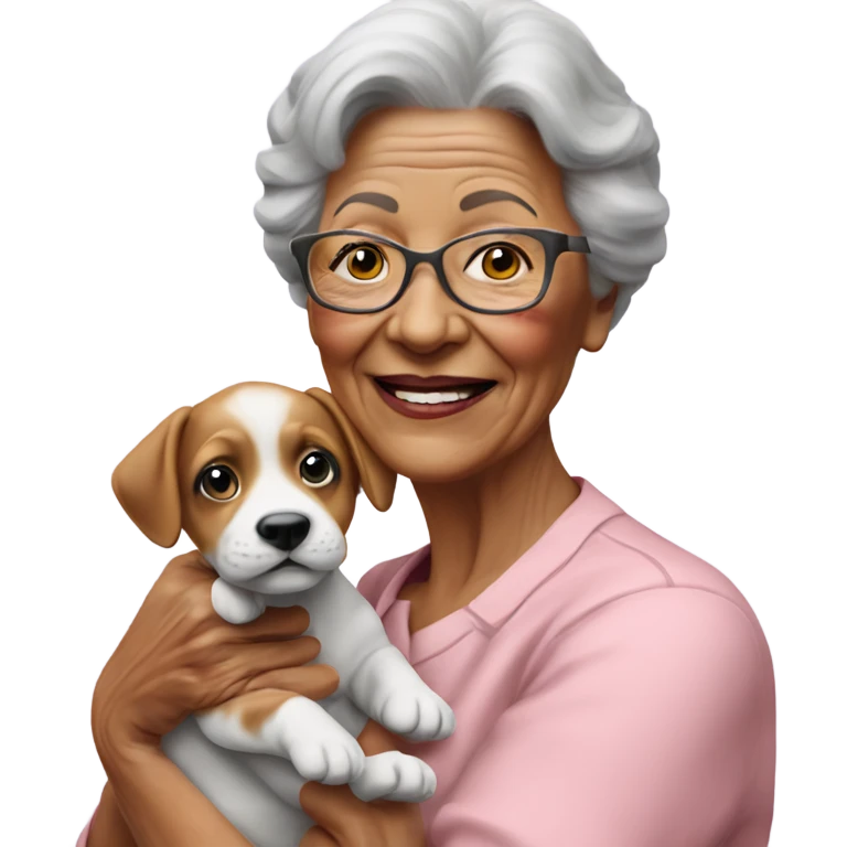 Create a 3d hyper realistic photo of a senior woman holding a puppy  emoji