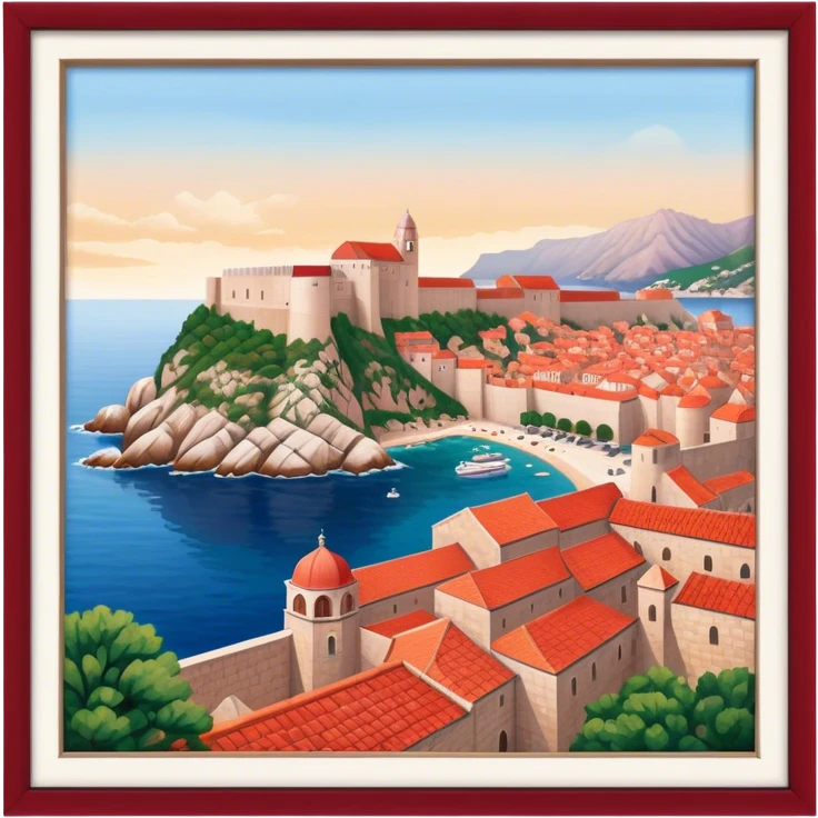 Cinematic Realistic Dubrovnik Landmark Emoji, depicted with historic fortified walls and red‚Äêtiled roofs rendered with intricate detail and dynamic, coastal lighting. emoji