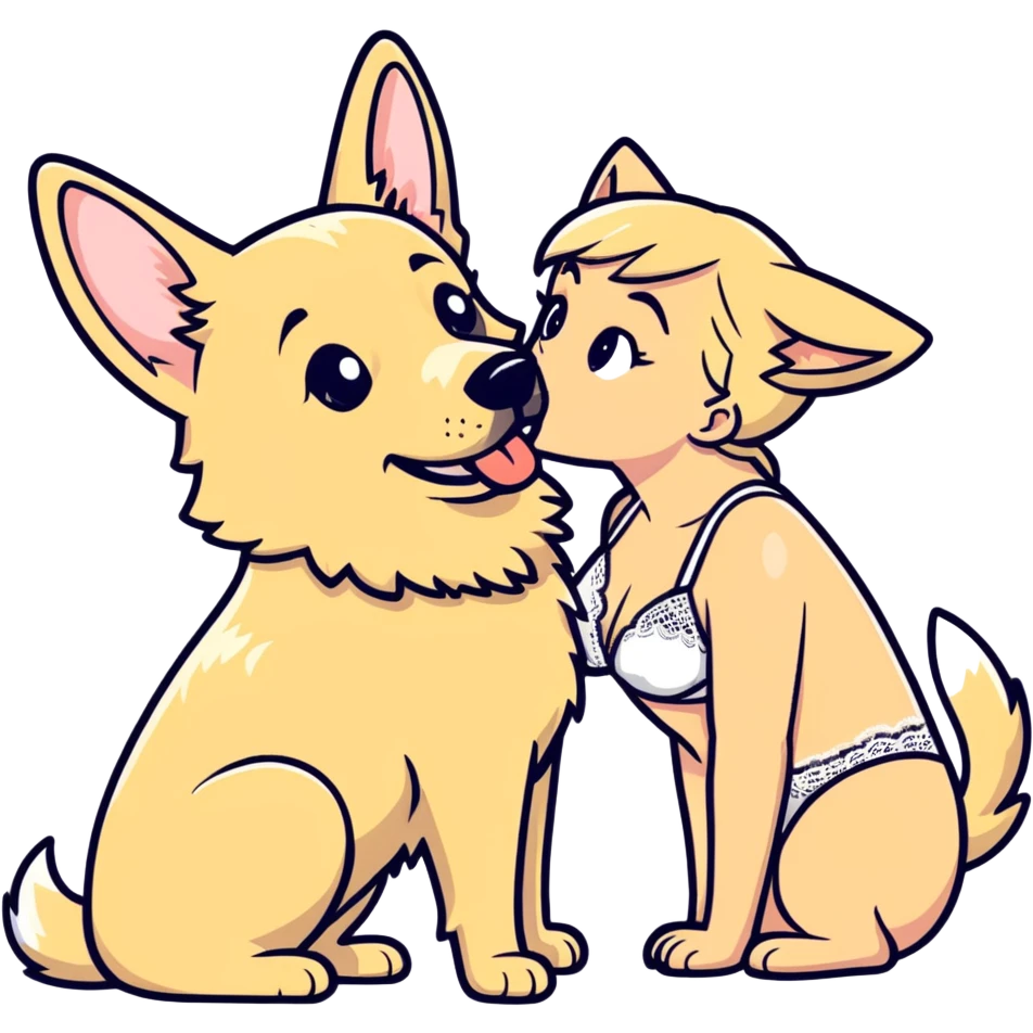 petite blushing subby blonde human woman white lace bikini romance with large German shepherd kissing emoji