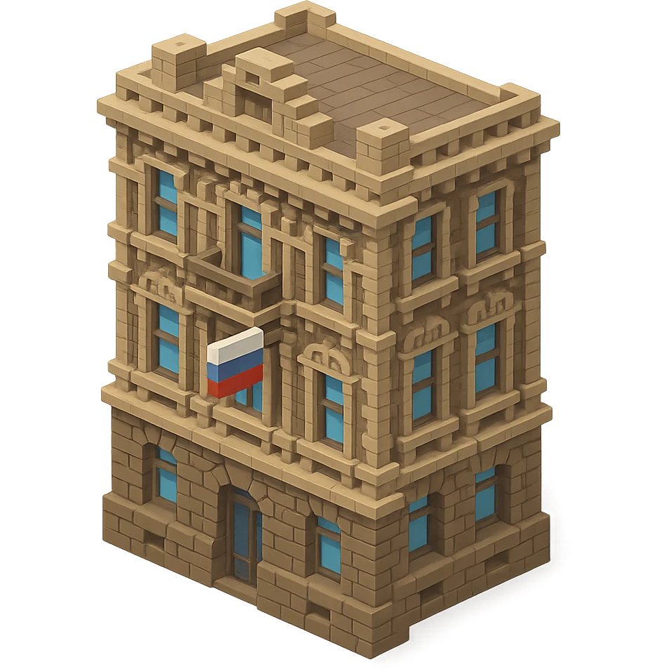 voxel style old Saint Petersburg building, gray-brown tones, ornate facade, Russian flag hanging from one window or balcony, isometric view emoji