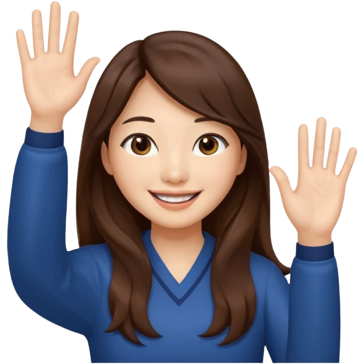 An Asian woman with long brown hair waving her hands emoji