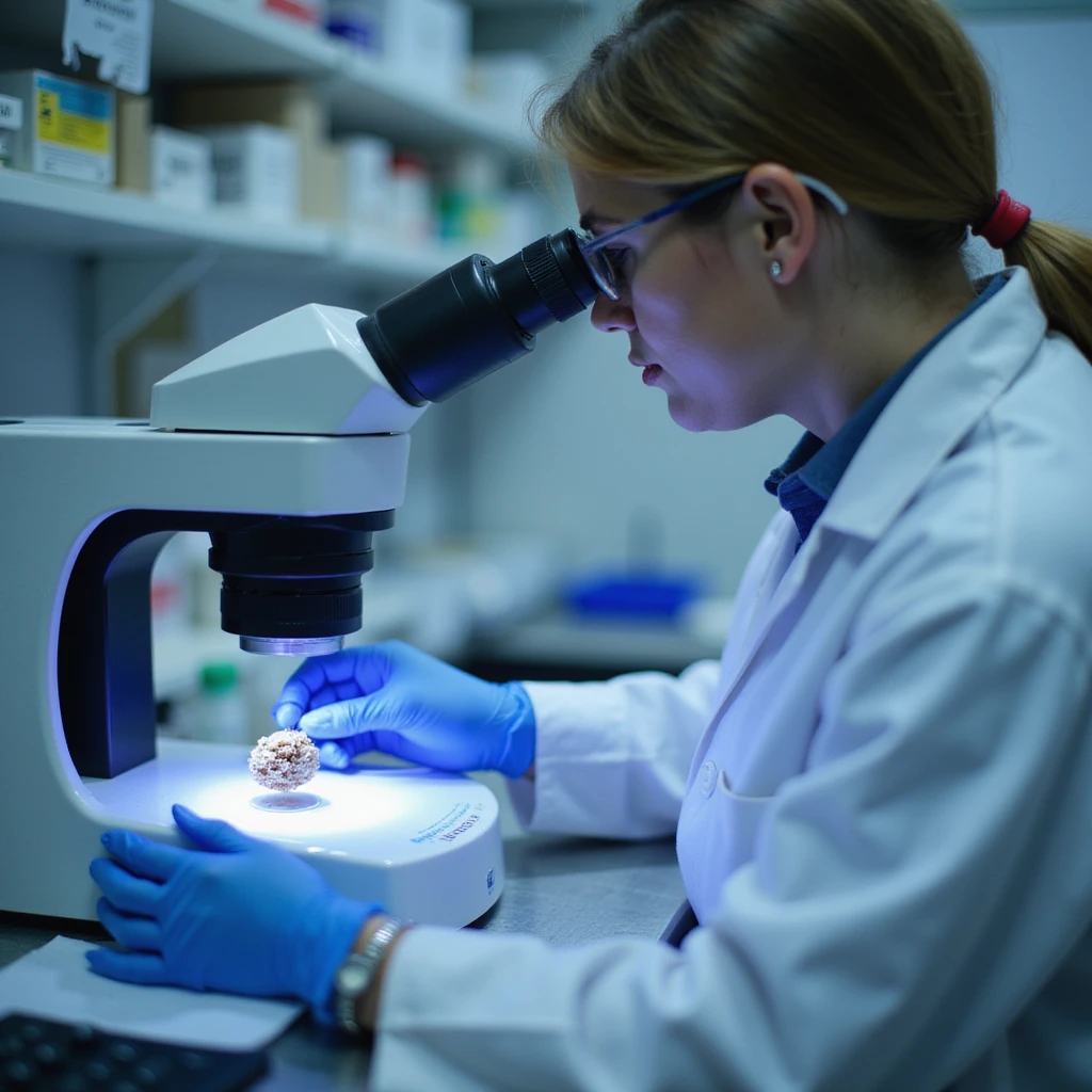 close-up of technician checking purity of dried pig thyroid powder with analytical instruments like spectrophotometer and slides, laboratory environment, cool lighting, 4K details emoji