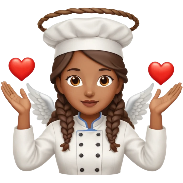 Brown-skinned female chef with long braided brown hair, wearing a chef's hat, with both an angel halo and devil horns, making a heart shape with her hands emoji