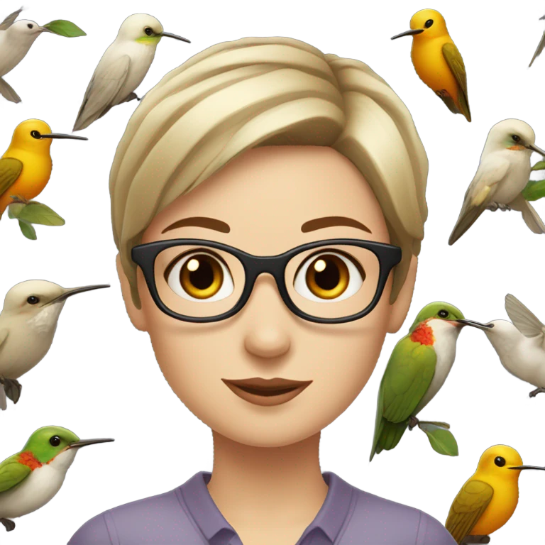 White girl  , brunette, with short hair, wearing glasses with a hummingbird next to her emoji