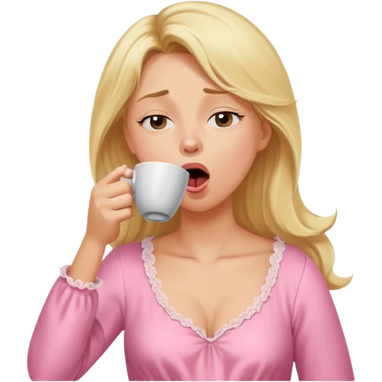 A blonde woman in a pink nightgown yawns, looking sleepy with dark circles under her eyes, drinking coffee, looking like she just woke up emoji