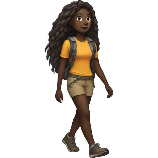 Dark skinned girl hiking full body long hair emoji