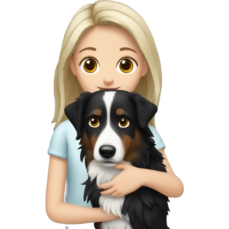 Girl with dark blonde hair holding border collie emoji