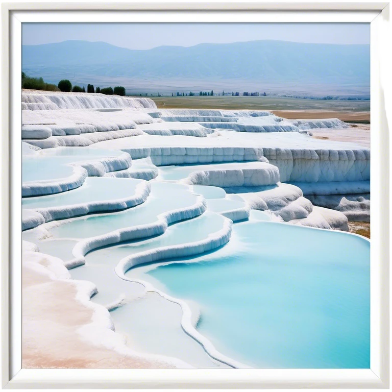 Cinematic Realistic Pamukkale Landmark Emoji, showcasing surreal cascading terraces of thermal waters rendered with ethereal textures and soft, luminous lighting. emoji