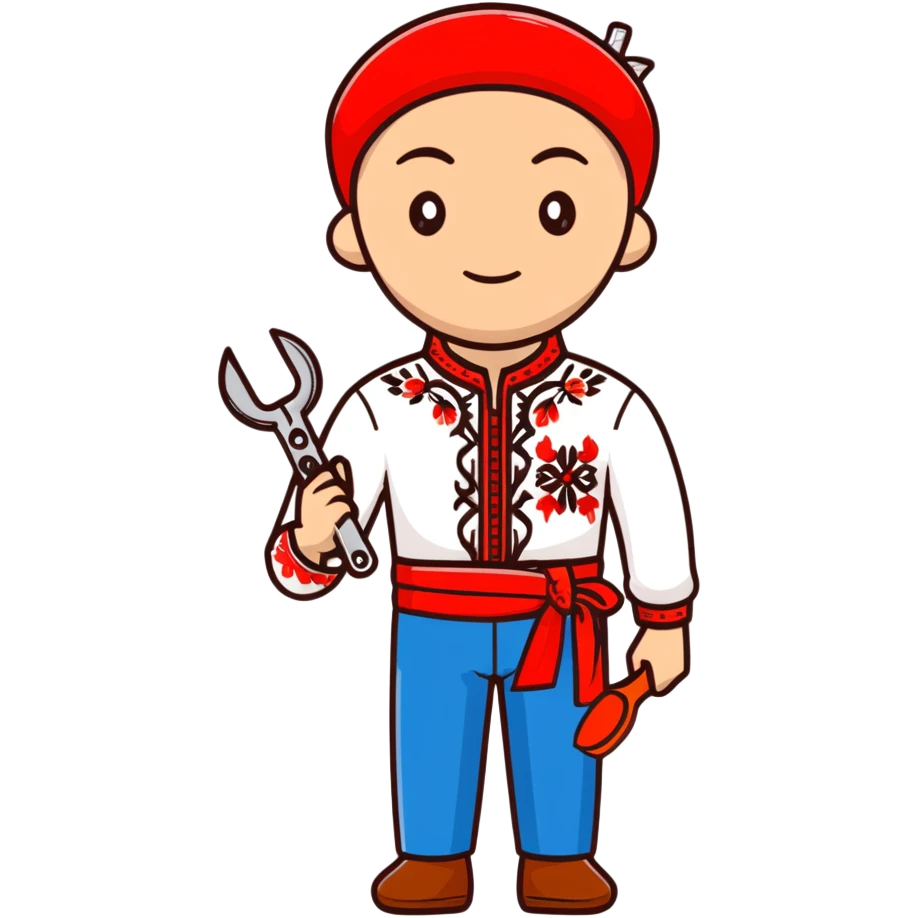 A Ukrainian man wearing traditional white embroidered vyshyvanka shirt holding red scissors in one hand and a spanner/wrench in the other hand emoji