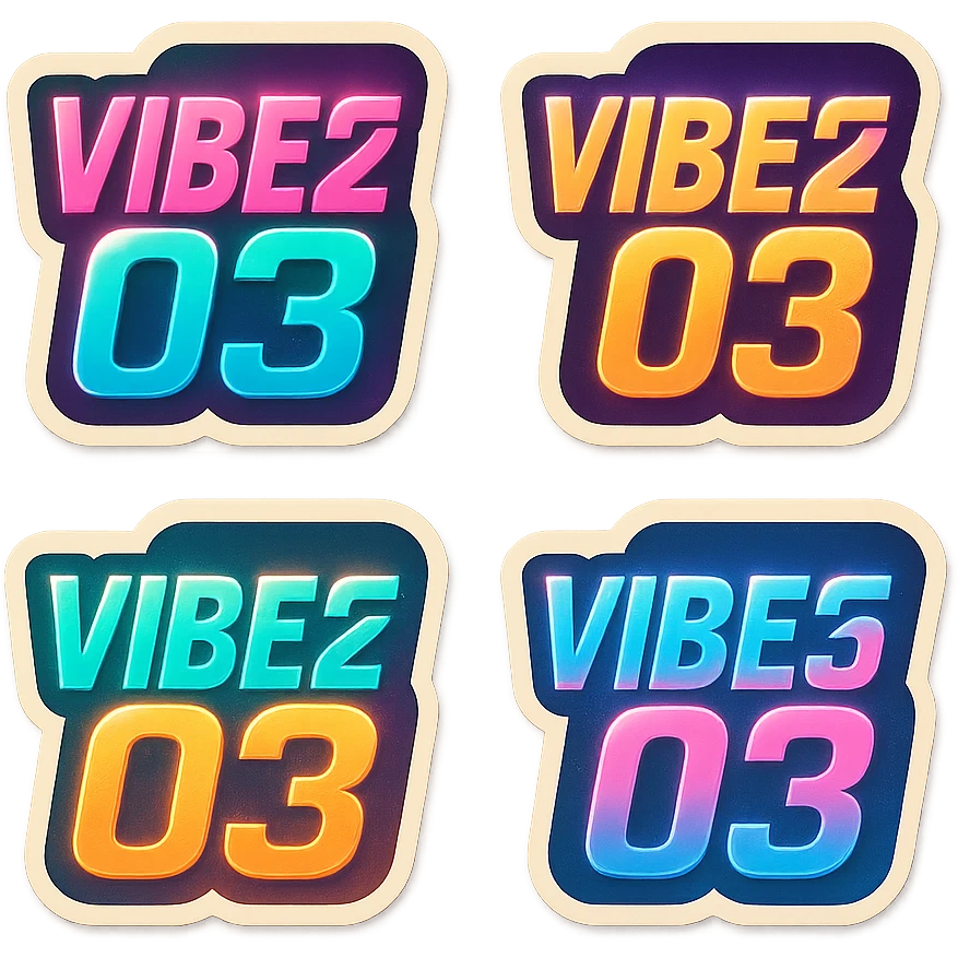 Create four color variations of the VIBE25-03 logo using Miami Vice-inspired pastel palettes: pink/teal, purple/yellow, turquoise/orange, and blue/pink. Add subtle 80's retro effects including gradients, neon glow, and halftone textures. Keep the background transparent. emoji