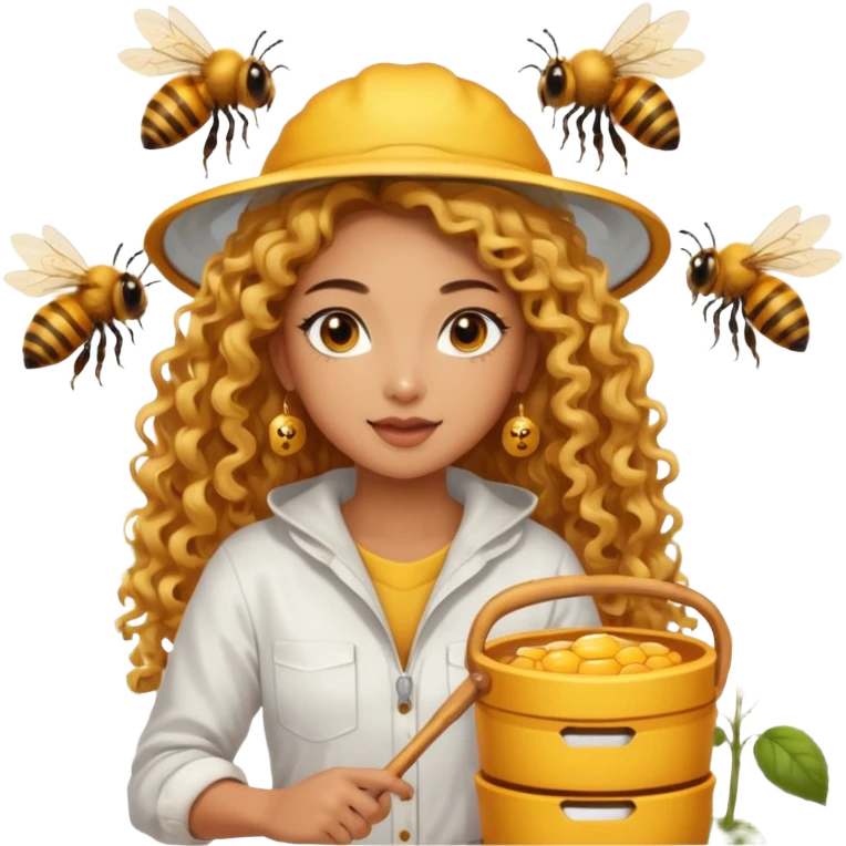 nude girl harvesting honey on bee farm, sexy and muscled, full body nude, tanned asian girl, sexy nude girl, beautiful eyes, makeup, earrings, muscled, surrounded by bees, long golden curly hair emoji