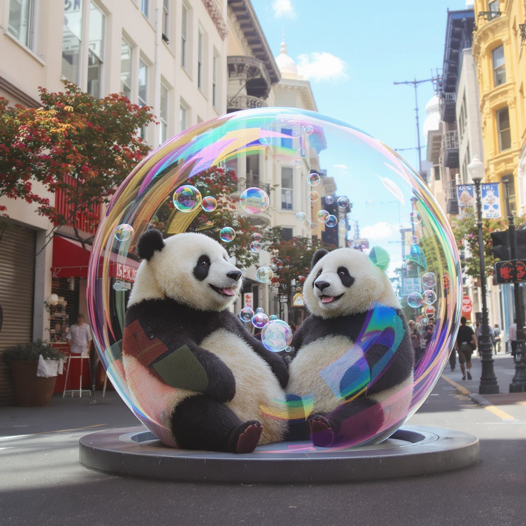 Cinematic still pandas bears sitting inside bubbles flying around San Francisco downtown, sunny summer day, happy vibe, colorfull surround emoji