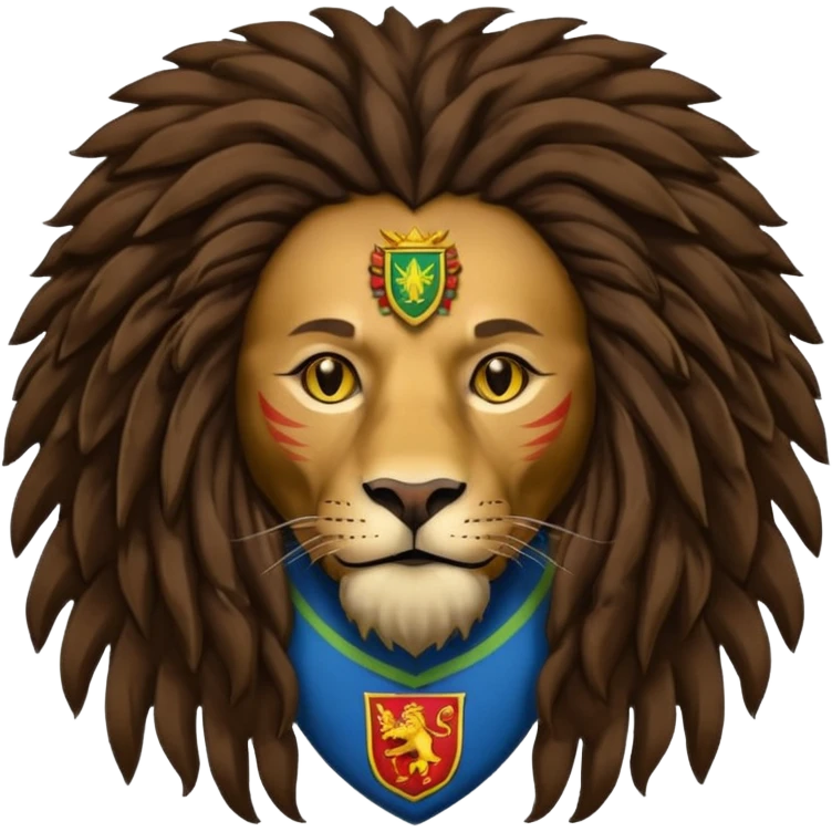 melancholic  Bob Marley with gigantic dread locks in form heraldic crest with ethiopian lion emoji