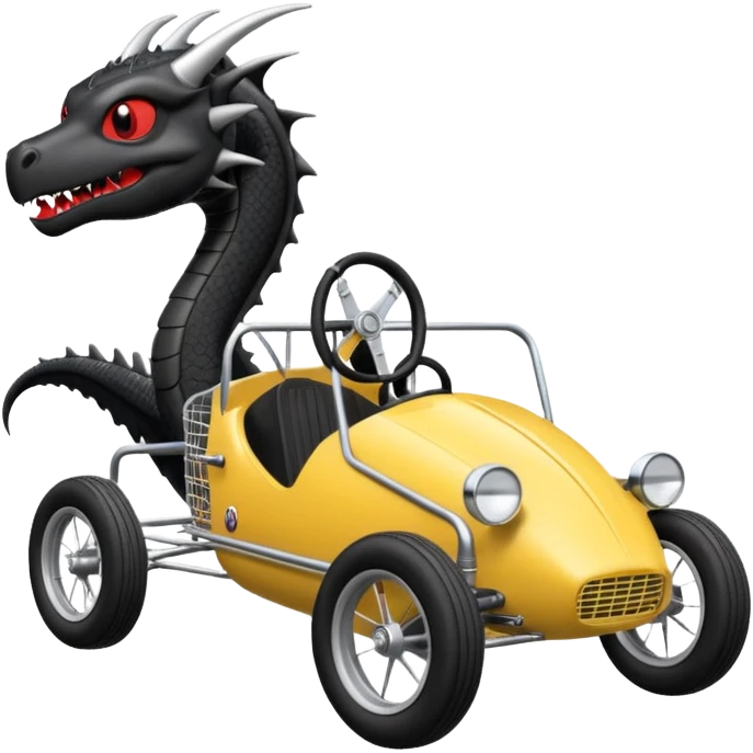 Special air-cooled three-cylinder race car whose frame and suspension is made of shopping cart material with a large gas tank, and rear spoiler, is being professionally steered/driven by a small black dragon  emoji