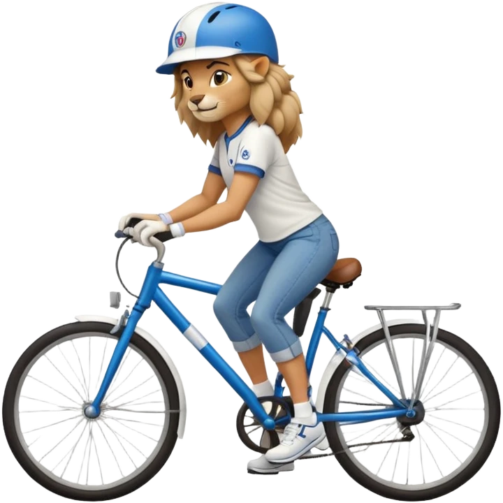 friendly anthropomorphised female lion wearing a baseball shirt, jeans, trainers, and a cycling helmet, cycling a bike emoji