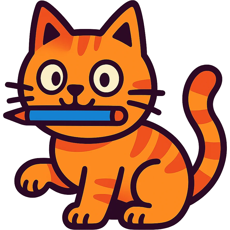 a cartoon cat with a pen in its mouth, simple style, vibrant toon style emoji