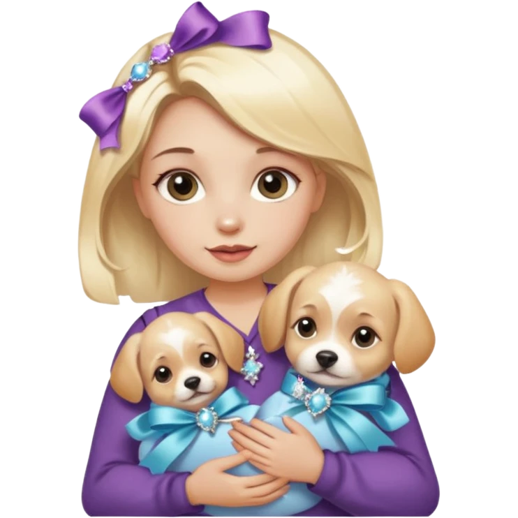 woman holding baby dogs with ribbons and crystals emoji