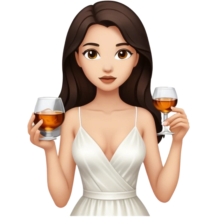 Beautiful woman in 1950’s woman fashion look, white dress, long dark brown hair, whisky with ice emoji