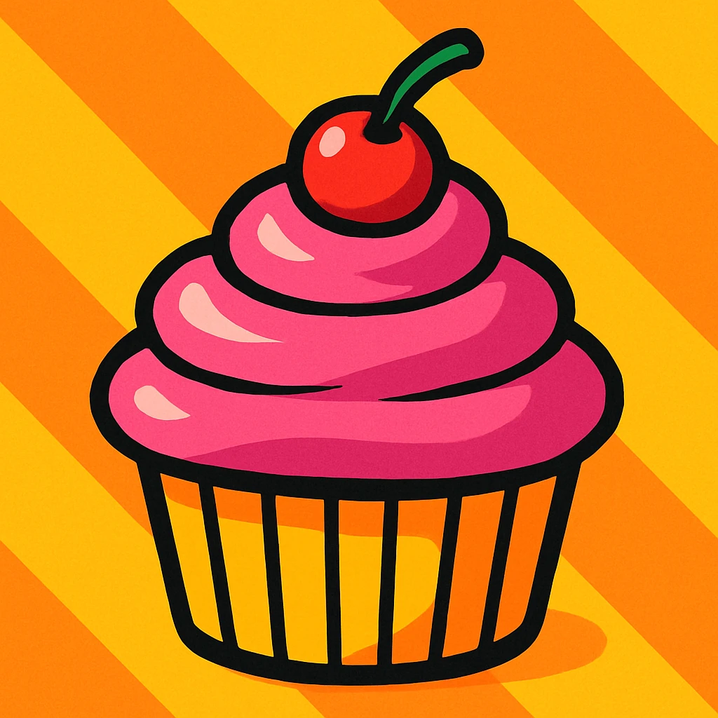 cupcake with pink icing, vibrant and cute emoji