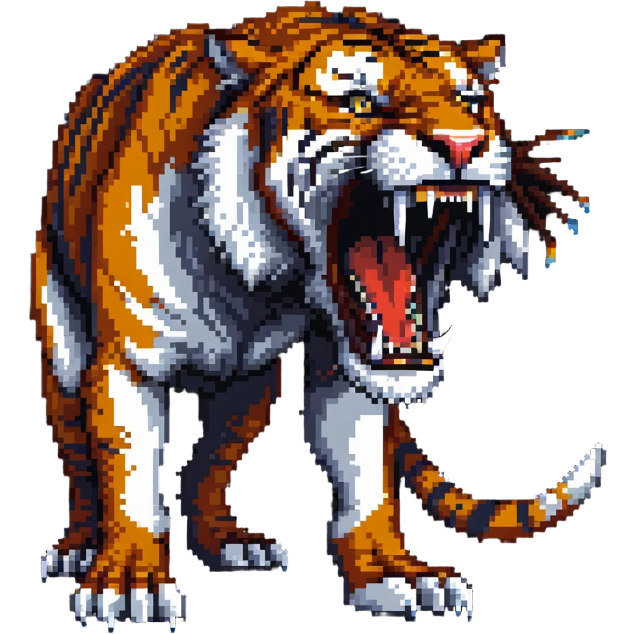 saber-toothed tiger with enormously long fangs, exaggerated canine teeth almost reaching the ground emoji