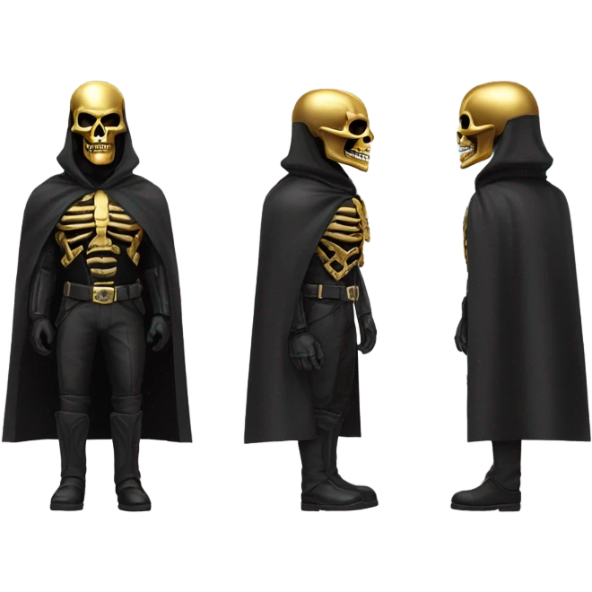 Bounty Hunter Boss with black cape and a perfect gold skull jaw mask from death Stranding, full body front and back emoji