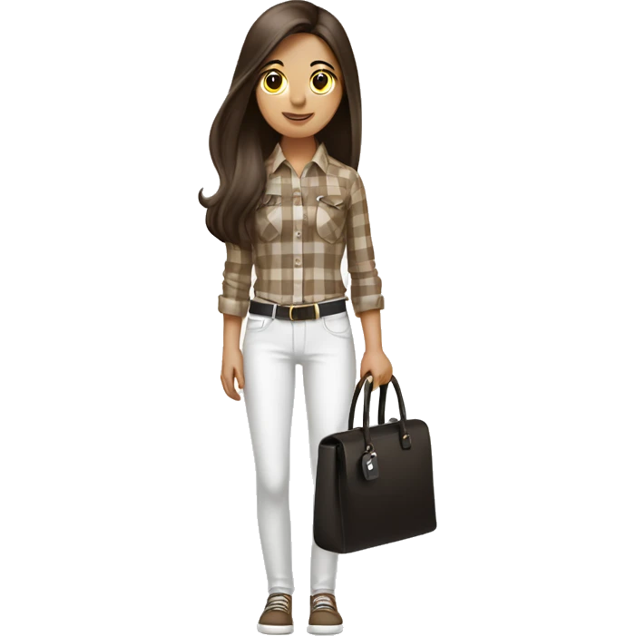 a brunette girl with long straight hair stands in a brown checkered shirt and white pants, in white headphones with a small black handbag emoji