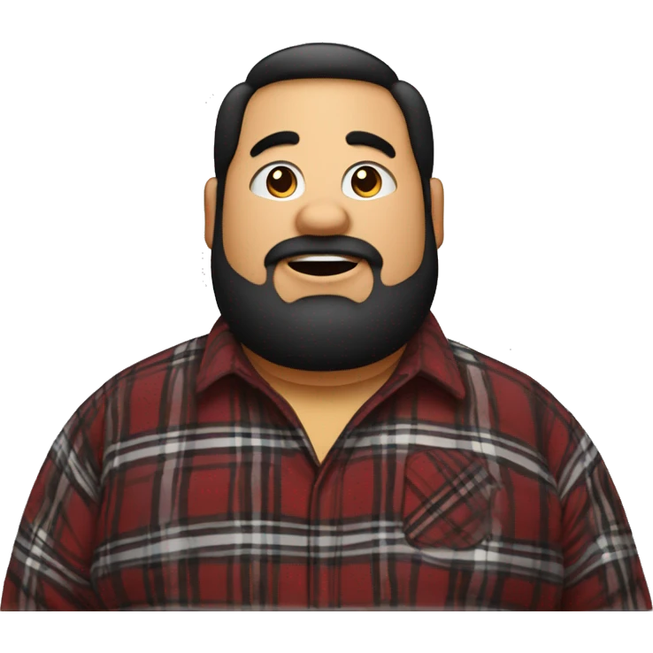 Fat man wearing a darkred and black plaid flannel shirt profile picture, happy, black hair emoji