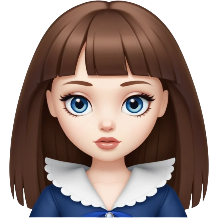 pretty bratz baddie, pale skin, bangs long straight brown hair, dark blueen eyes emoji