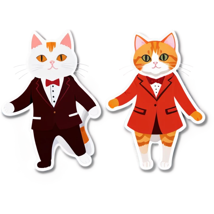 Orange male cat in suits near white female cat in red night dress emoji