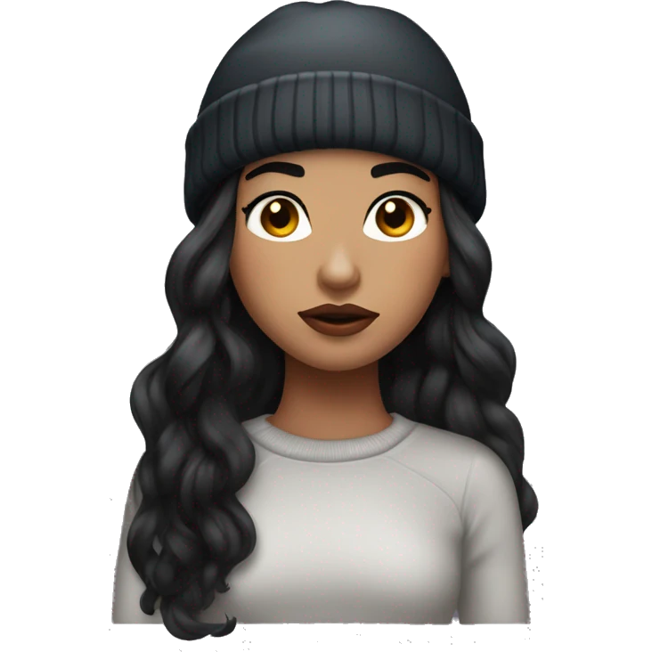 beautiful girl with long flowy black hair and pouty glossy lips wearing winter beanie emoji