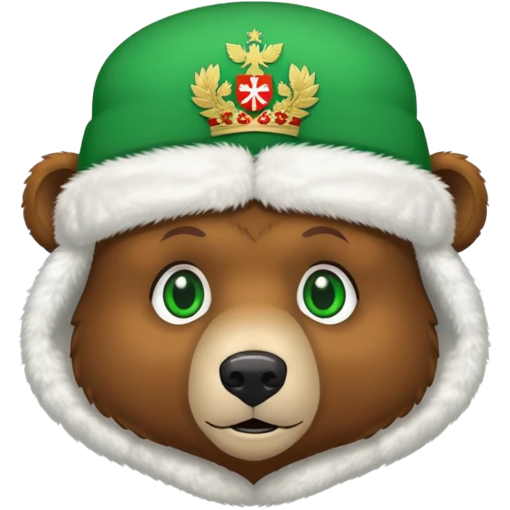 Sweet brown bear face with green eyes, white fluffy ushanka hat with very visible Russian Federation coat of arms in center, iOS emoji style emoji