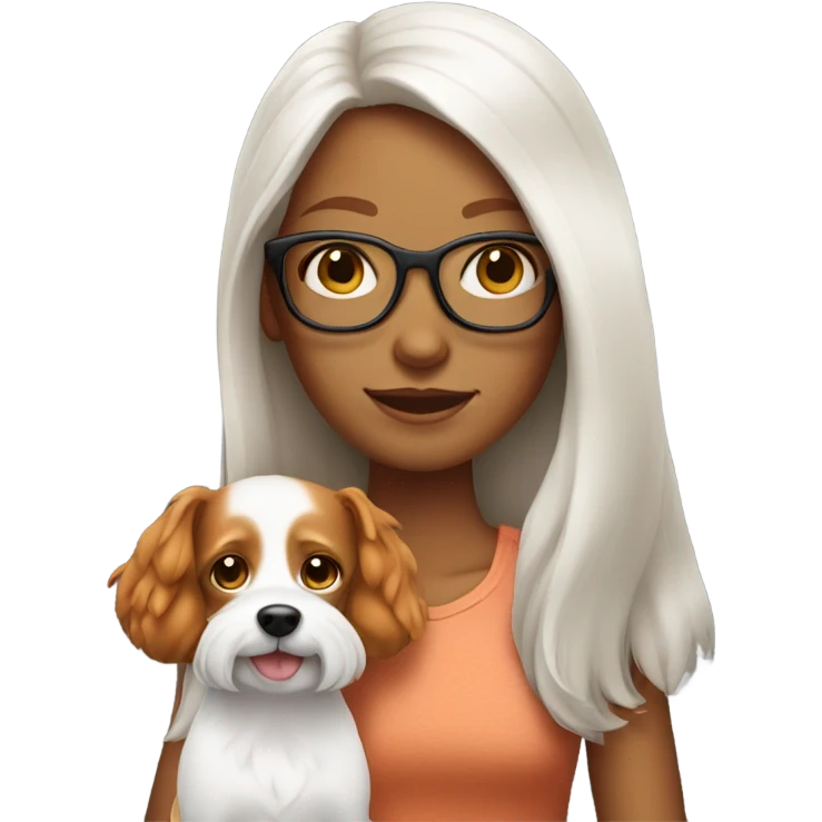 Tanned ginger girl with long hair and glasses holding small white dog  emoji