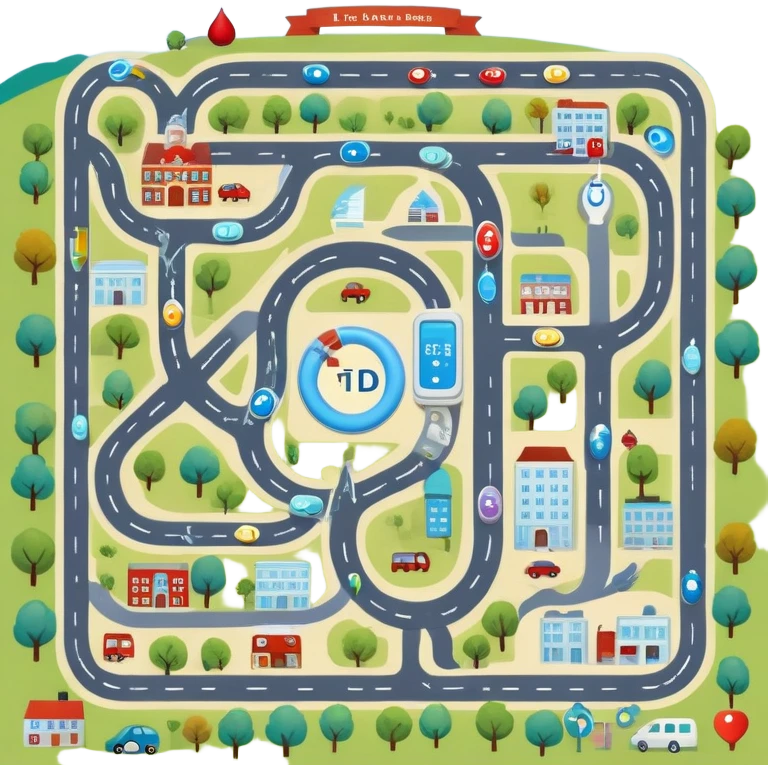 journey on a game board about Type 1 diabetes and aging with less roads, less buildings (hospital, places to live, advocacy, physical changes, to share knowledge and ways of coping, energetic with text: T1D to 100 and subtext Aging with Type 1 diabetes, easy for seniors to see emoji