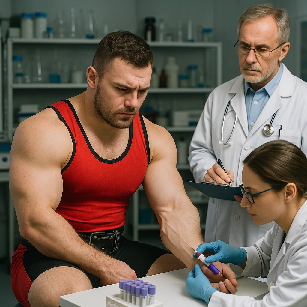 European powerlifter in competition clothing undergoing blood sampling for anti-doping test, medical staff present, realistic atmosphere, laboratory background. emoji