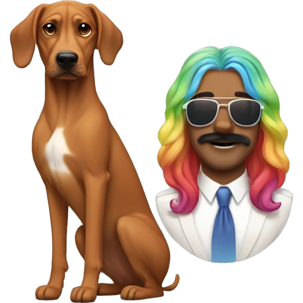white male with long rainbow colored hair and curled mustache standing alongside a brown rhodesian ridgeback dog emoji