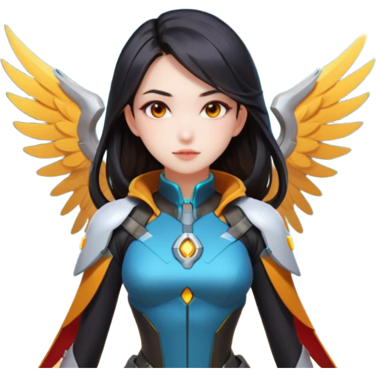 emojis.com an-asian-girl-with-dark-long-hair-and-dark-eyes,-wearing-futuristic-clothes-like-mercy-from-overwatch,-has-her-wings.-on-the-background-is-nebula-of-yellow,-orange,-red-and-turquoise-colours.-she's emoji