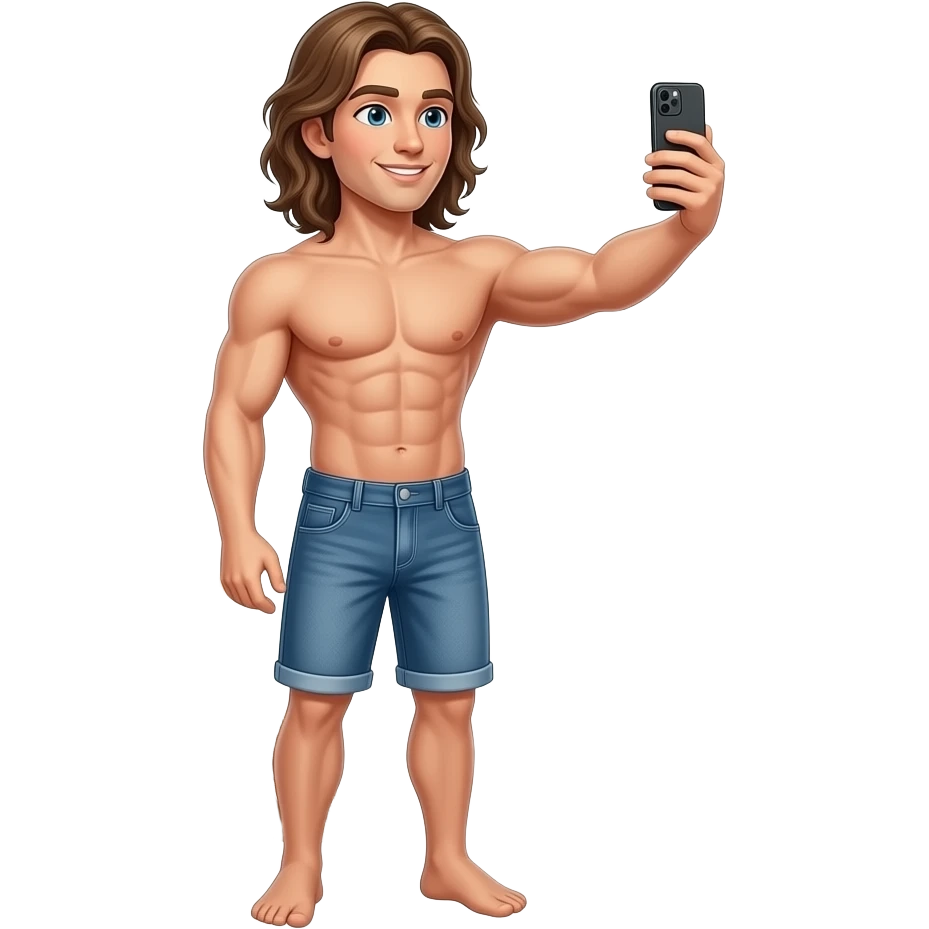 muscular shirtless twink with very long hair taking selfie in front of Eiffel Tower emoji