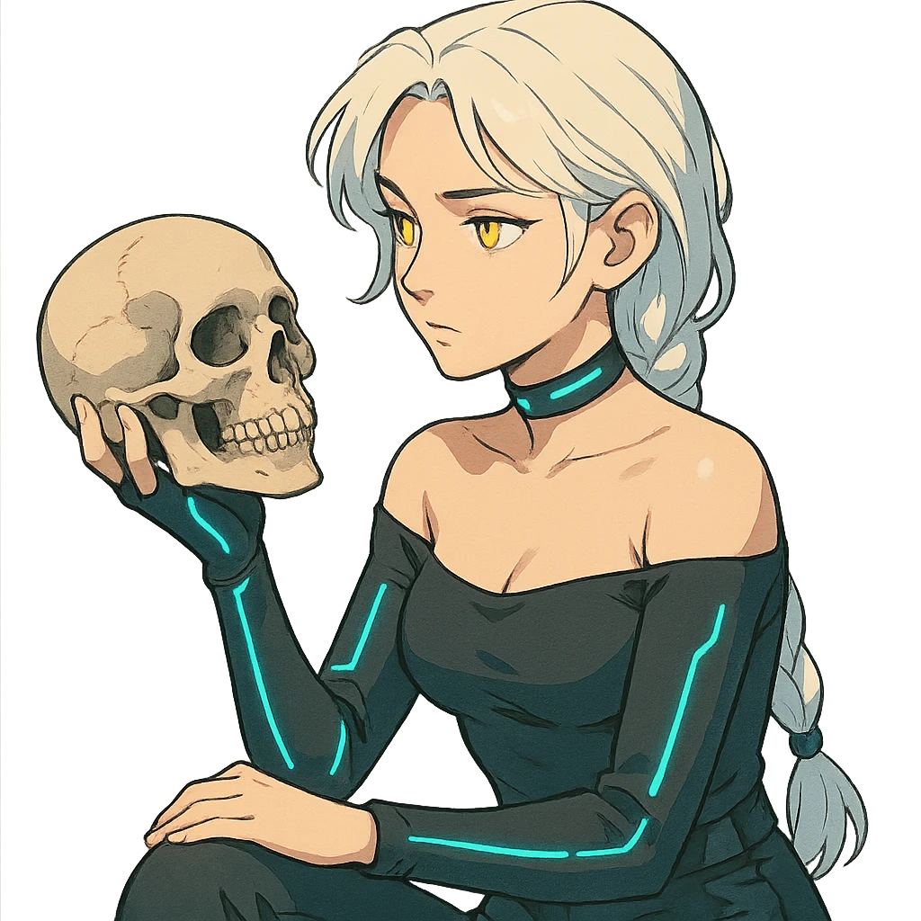 she is holding a skull, pondering as in shakespeare, a closeup portrait of young woman with gold yellow eyes, white hair, long braid, black off-shoulder top d-cup, punk gothic style, futuristic cyberwave cyberpunk, sitting position emoji