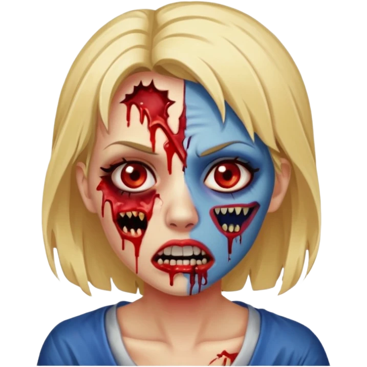 zumbi feminino com cortes no rosto, olhos baixos e vermelhos, cabelo loiro e rosto azul escuro, boca e olhos sangrando cm fundl azul e mais sangues possível emoji