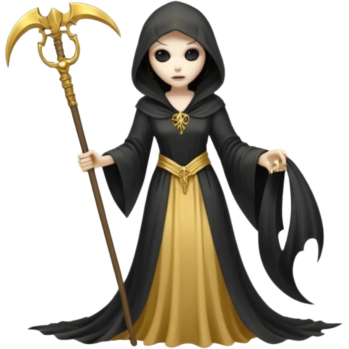 feminine grim reaper in a gold with scythe emoji