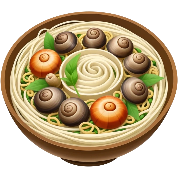 Liuzhou Snail Rice Noodles with river snails and sour bamboo, simplified emoji style with bold outlines and bright colors, cartoon style Guangxi Luosifen emoji