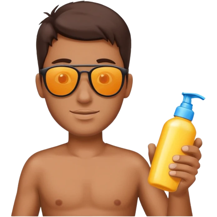 
male brunet suncream bottle and sunglasses, with sun burned emoji
