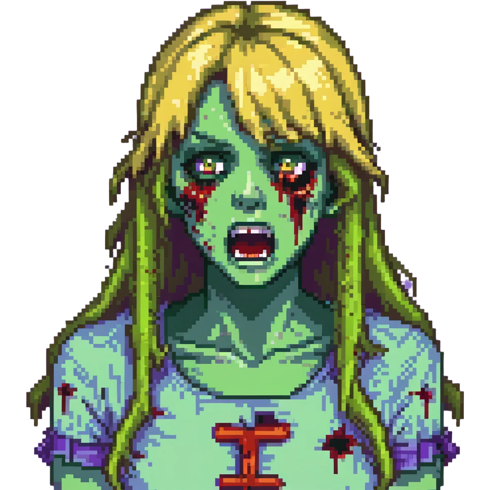 Zombie girl with green skin, bruised face, open mouth, long blonde hair with bangs emoji